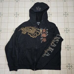 Vtg 90s Y2k Lucky Brand‎ Dragon Hoodie Sweatshirt Jap Black Size XL